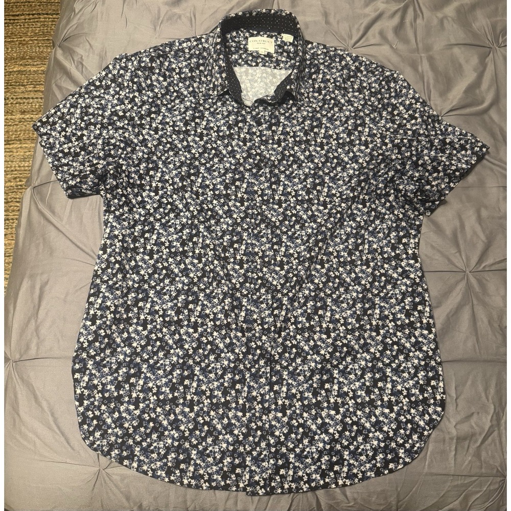 CON.STRUCT Men's XL Blue White Floral Slim Fit Stretch Short Sleeve Button-Up